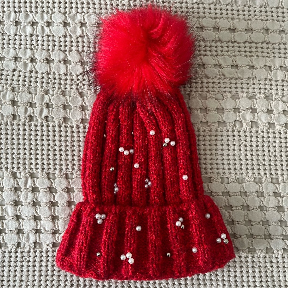 Red Pearl Pom Beanie